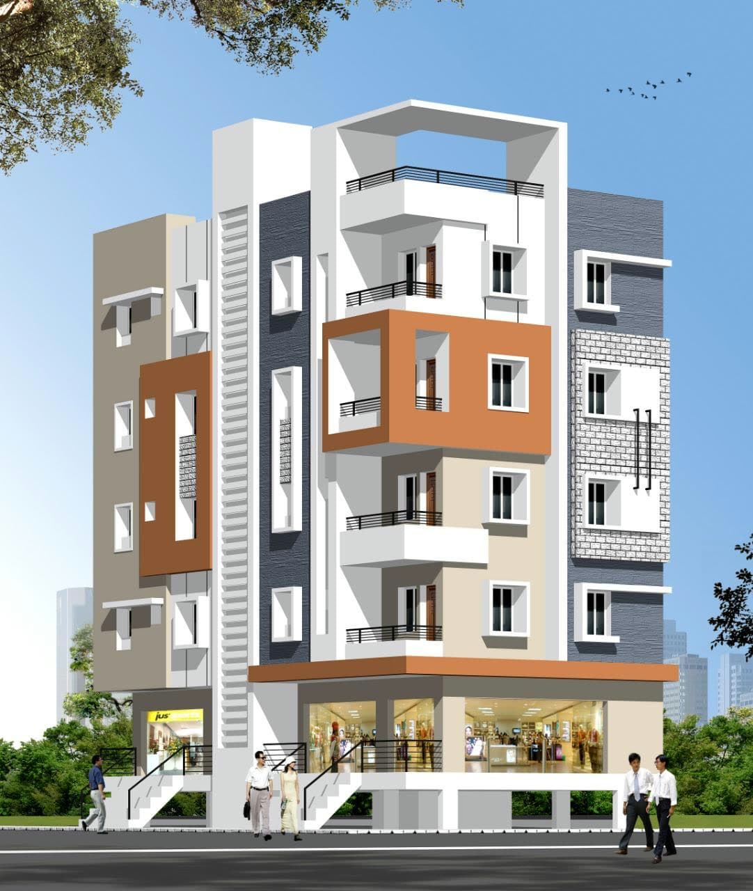 RR Residency apartment building elevation with ground-floor retail in Gokul Plots, Hyderabad