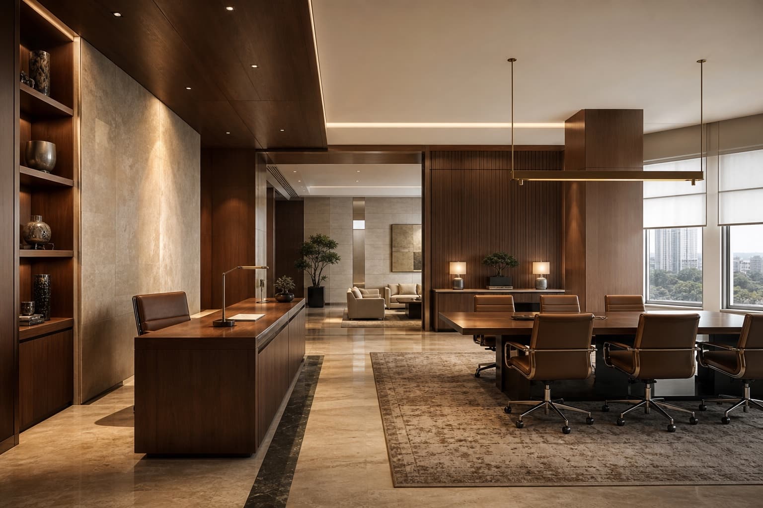 Illustrative view of a formal executive office with walnut panelling